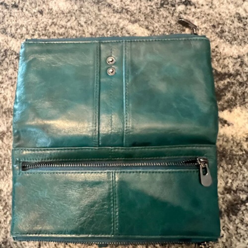 Roulens women's genuine leather bifold or clutch wallet teal green RFID-blocking